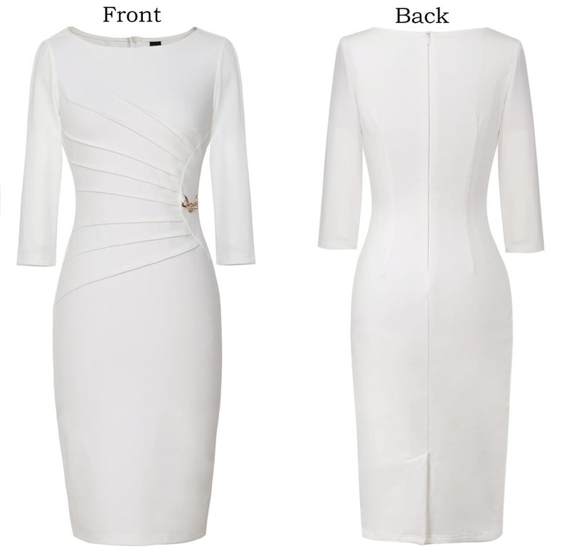VFSHOW Womens Ruched Cocktail Party Elegant Work Business Office Bodycon Pencil Sheath Off-White Ivory Dress 6577 WHT L - Image 3